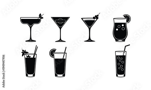 Classic cocktails and refreshing beverages illustrated in black and white