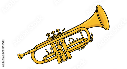 A shiny yellow trumpet with valves on a plain Transparent Background