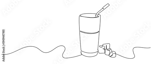 Insulated tumbler and ice cubes. continuous one line drawing and minimalist style isolate outline Editable stroke.