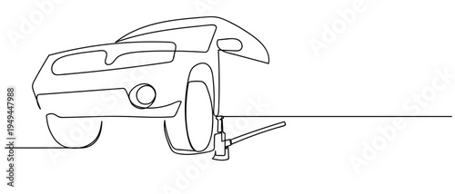 The jack is lifting the car. continuous one line drawing and minimalist style isolate outline Editable stroke.