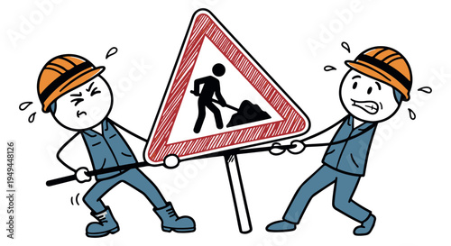 Two construction workers struggling to hold up a roadwork sign
