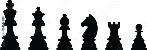 Black chess piece silhouettes set featuring king queen bishop knight rook and pawn icons for strategy game design and competition