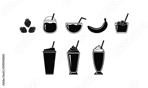 Delicious assortment of fruit-based beverages and smoothies in stylized illustrations