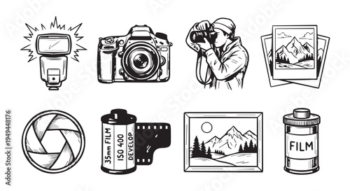 A collection of black and white illustrations depicting various photography related objects and concepts.