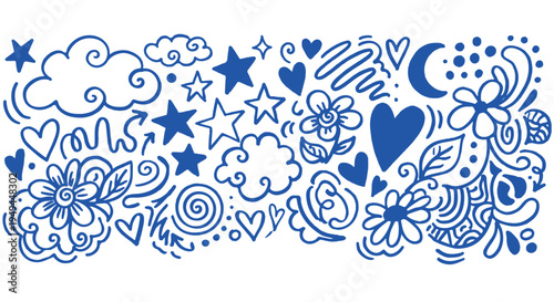 A whimsical illustration of blue doodles on a Transparent Background with hearts, stars, and flowers.