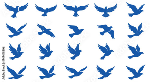A collection of blue bird silhouettes in various flying positions on a Transparent Background