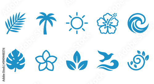 A collection of blue tropical icons on a Transparent Background, featuring leaves and flowers.