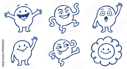 A set of happy cartoon characters with different poses and facial expressions on a Transparent Background