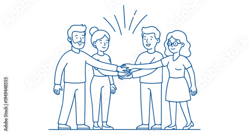 Four diverse people stacking their hands in a symbol of teamwork and unity