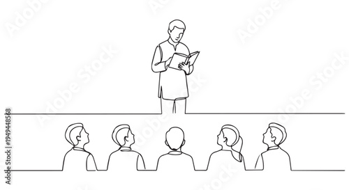 A teacher stands at the front of a classroom reading to a group of attentive students