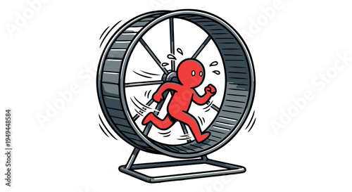 A cartoon red figure running on a large exercise wheel with a sweaty face