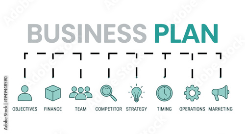 A business plan infographic with key components and icons on a Transparent Background