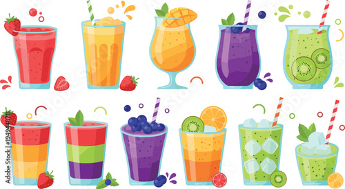 Colorful Fresh Fruit Smoothie and Juice Collection with Strawberry, Mango, Blueberry, Kiwi and Citrus Drinks Cartoon Vector Illustration Set