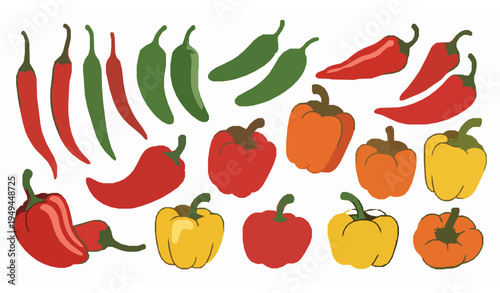 Colorful Pepper Vector Set with Chili Jalapeno Paprika and Bell Peppers Cartoon Style