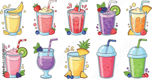 Colorful Fresh Fruit Smoothie and Juice Drink Collection with Strawberry, Banana, Pineapple, Blueberry and Kiwi Cartoon Vector Illustration Set