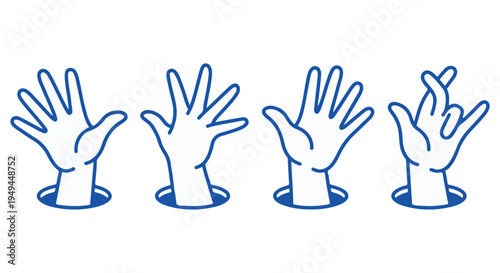 A graphic illustration of four hands emerging from holes in the ground with different gestures