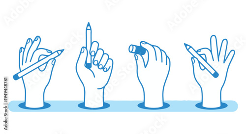 Four blue hands holding writing utensils in different positions on a Transparent Background