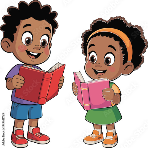 Two happy diverse cartoon children standing and reading books together isolated on a grey background for early childhood education
