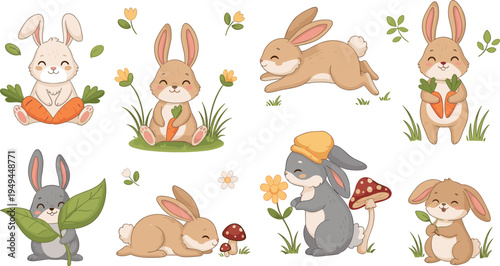 Cute Bunny Rabbit Character Collection with Carrots, Flowers and Forest Elements, Adorable Cartoon Woodland Animal Vector Illustration Set for Kids
