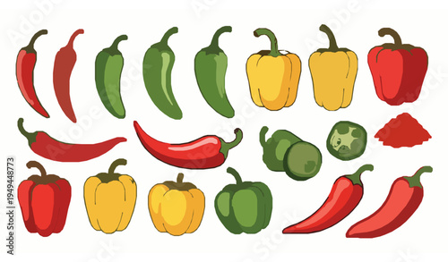 Cartoon Pepper Collection Vector with Chili Jalapeno and Bell Pepper Illustrations