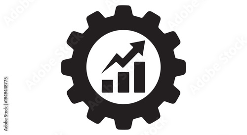 A black gear icon with a bar graph and arrow pointing upwards, symbolizing growth and progress.
