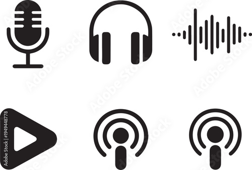 Microphone Headphones and Radio Broadcast Icons Collection.