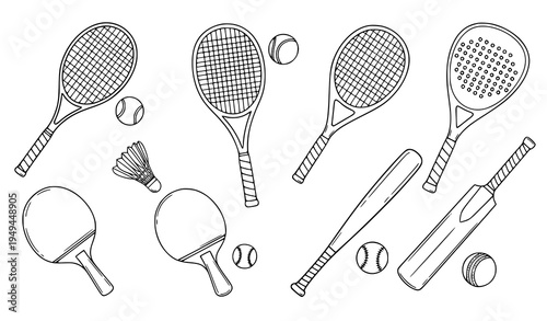 Doodle Style Sports Equipment Line Art Collection with Editable Vector Outlines