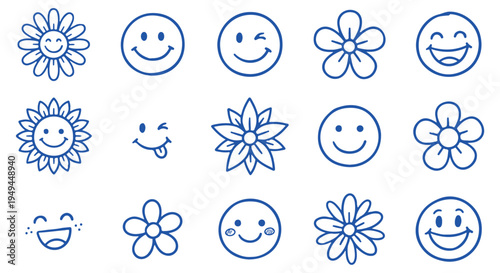 A collection of blue cartoon flowers and smiley faces on a Transparent Background