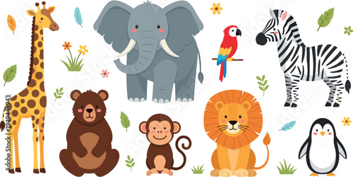 Cute Safari Wild Animal Collection with Elephant, Lion, Zebra, Giraffe, Monkey, Bear, Penguin and Parrot Cartoon Vector Illustration Set
