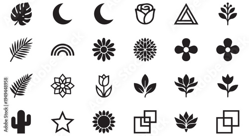 A collection of various black botanical and geometric icons on a Transparent Background