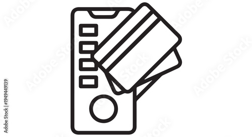 A black and white illustration of a smartphone with a credit card on top of it.