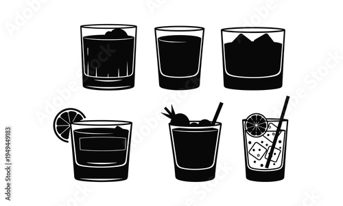 Six stylish black and white illustrations of classic cocktails in glasses