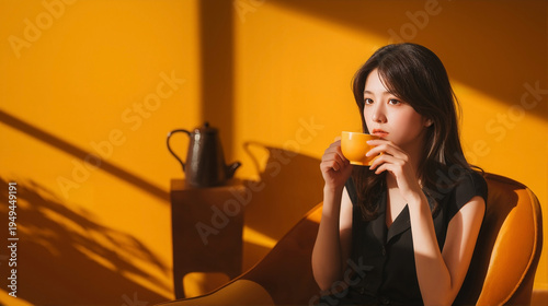 Asian woman in an orange room drinking tea, natural serene lifestyle portrait with dramatic shadows, vibrant orange color palette, editorial composition