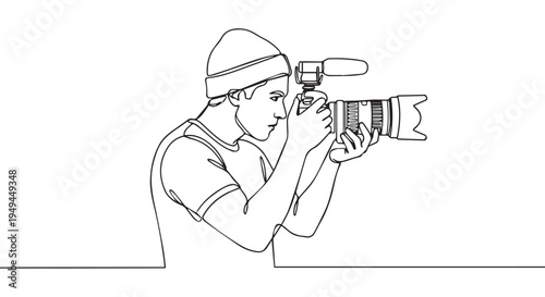 A photographer in action taking pictures with a professional camera and lens equipment.