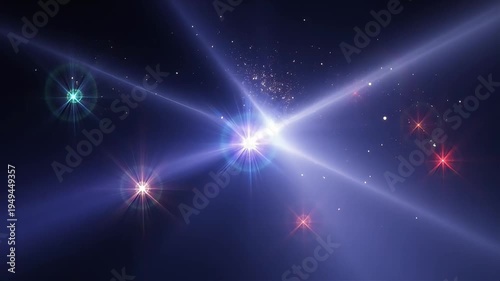 Vibrant light flares and star glints illuminate dark space, creating an abstract optical effect background