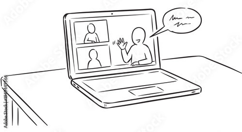 A person waves and greets others during a virtual meeting on a laptop computer