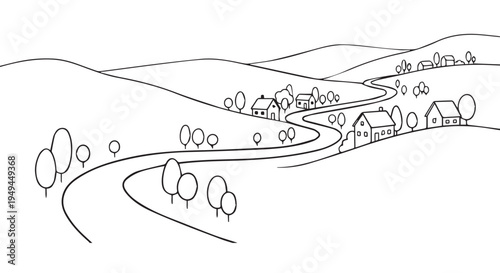 A black and white illustration of a winding road through a rural village with houses and trees