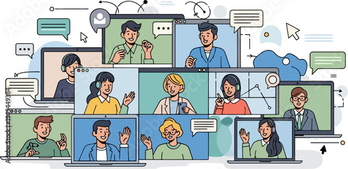 Virtual team meeting illustration in modern flat line art style EPS10 Stock.eps