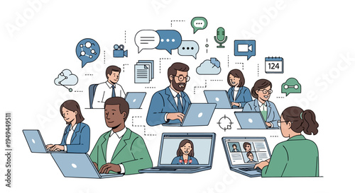 Remote team collaboration and online business meetings Modern flat line illustration EPS10 Stock.eps