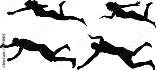 Set of black silhouettes featuring men and women swimming and diving in water isolated on white background for sports design