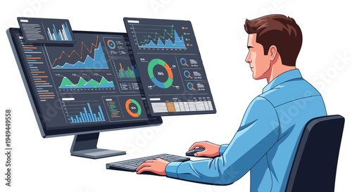 Man analyzing business data charts on computer screen Modern vector illustration EPS10 Stock.eps