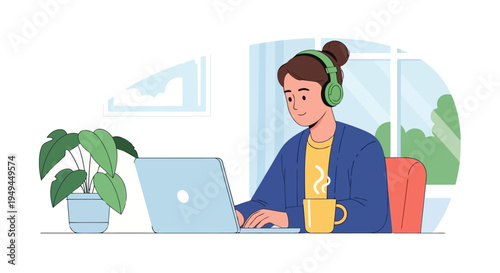 Focused young woman in headphones working on laptop with coffee Flat vector illustration EPS10 Stock.eps