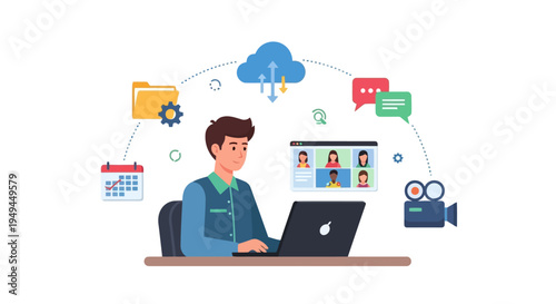 Flat vector illustration of man working remotely collaborating online with digital tools EPS10 Stock.eps