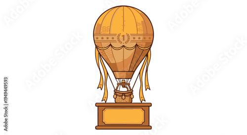 A cartoon illustration of a golden hot air balloon sitting on a wooden trophy base