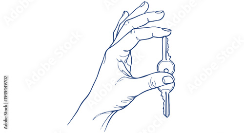A hand holding a key in a simple line drawing style on a Transparent Background.