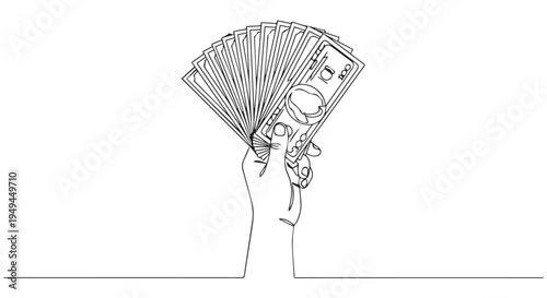 A hand holding a large fan of dollar bills in a simple line drawing style.