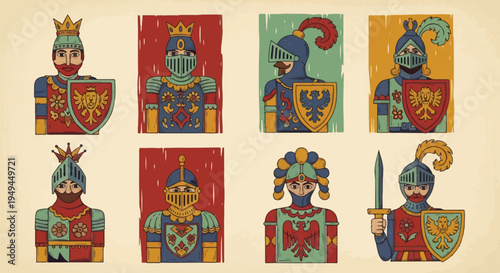 Colorful Medieval Knights Heraldic Portraits Linocut Style Illustration Set