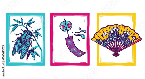 Japanese Summer Hanafuda Style Illustration Set Cicada Furin Folding Fan