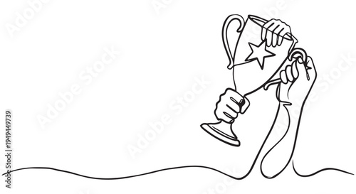 A simple line drawing of hands holding a trophy with a star on it