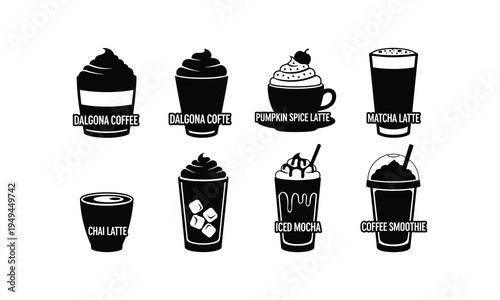 Variety of popular coffee and beverage illustrations in black and white